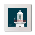 Illustration of Inisheer lighthouse on a midnight blue background, mounted and measuring 30x30cm.