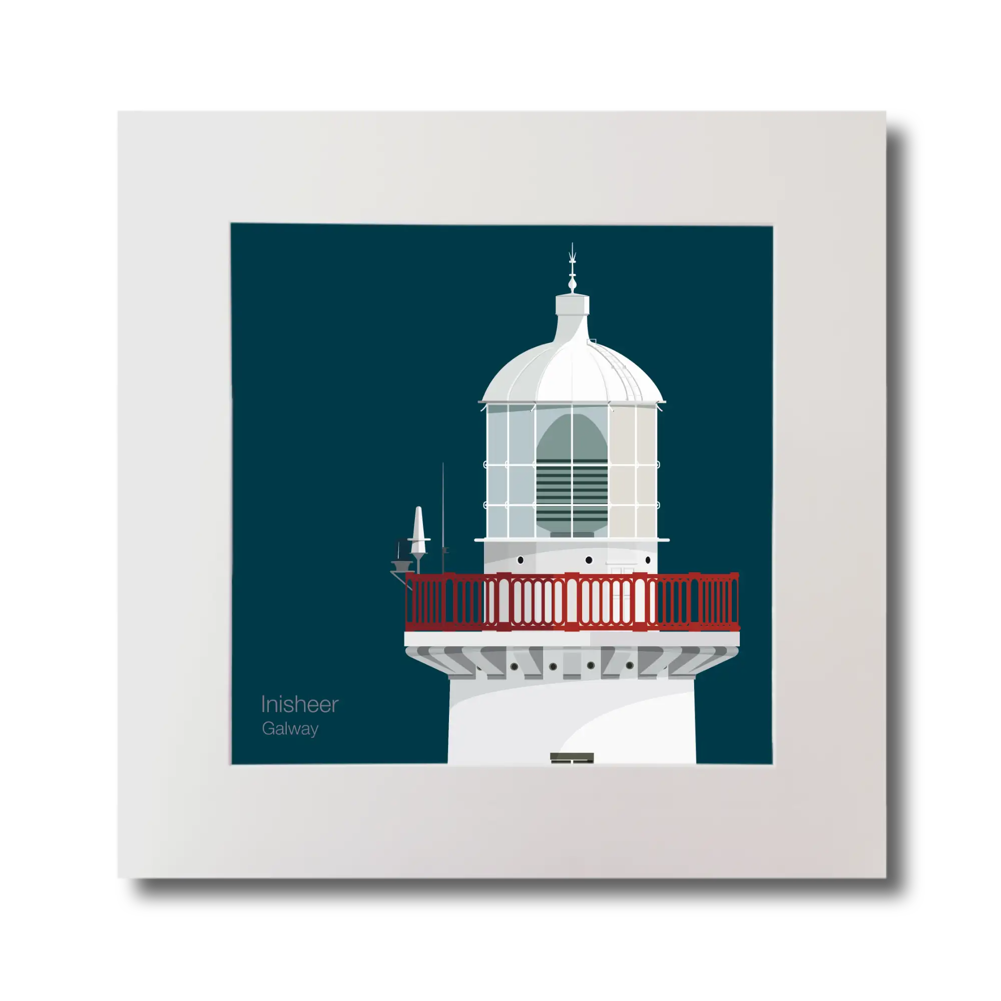 Illustration of Inisheer lighthouse on a midnight blue background, mounted and measuring 30x30cm.