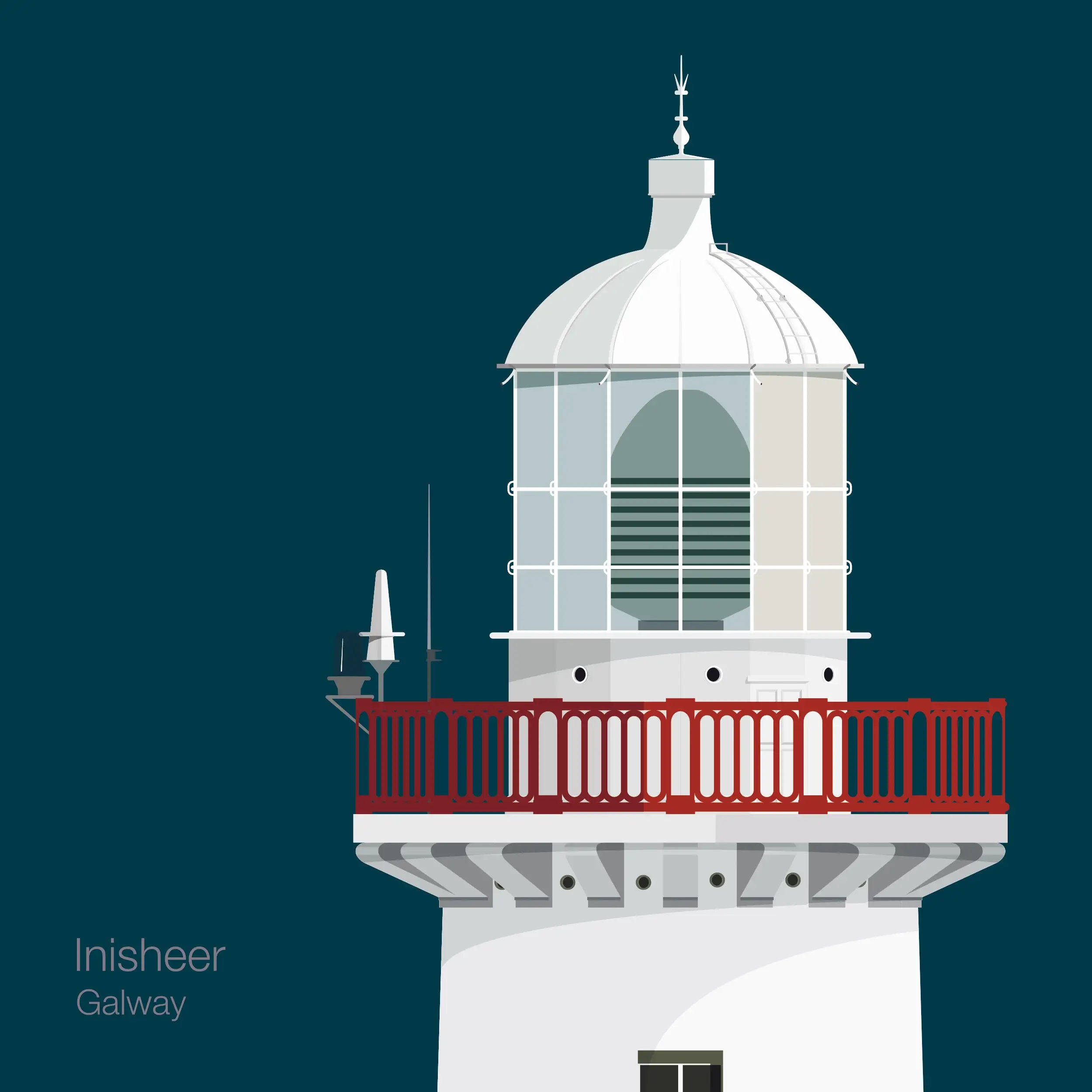 Illustration of Inisheer lighthouse on a midnight blue background