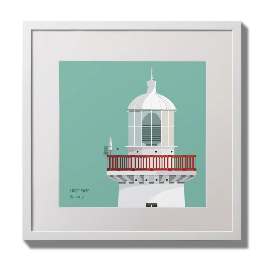 Illustration of Inisheer lighthouse on an ocean green background,  in a white square frame measuring 30x30cm.