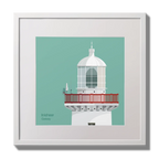 Illustration of Inisheer lighthouse on an ocean green background,  in a white square frame measuring 30x30cm.