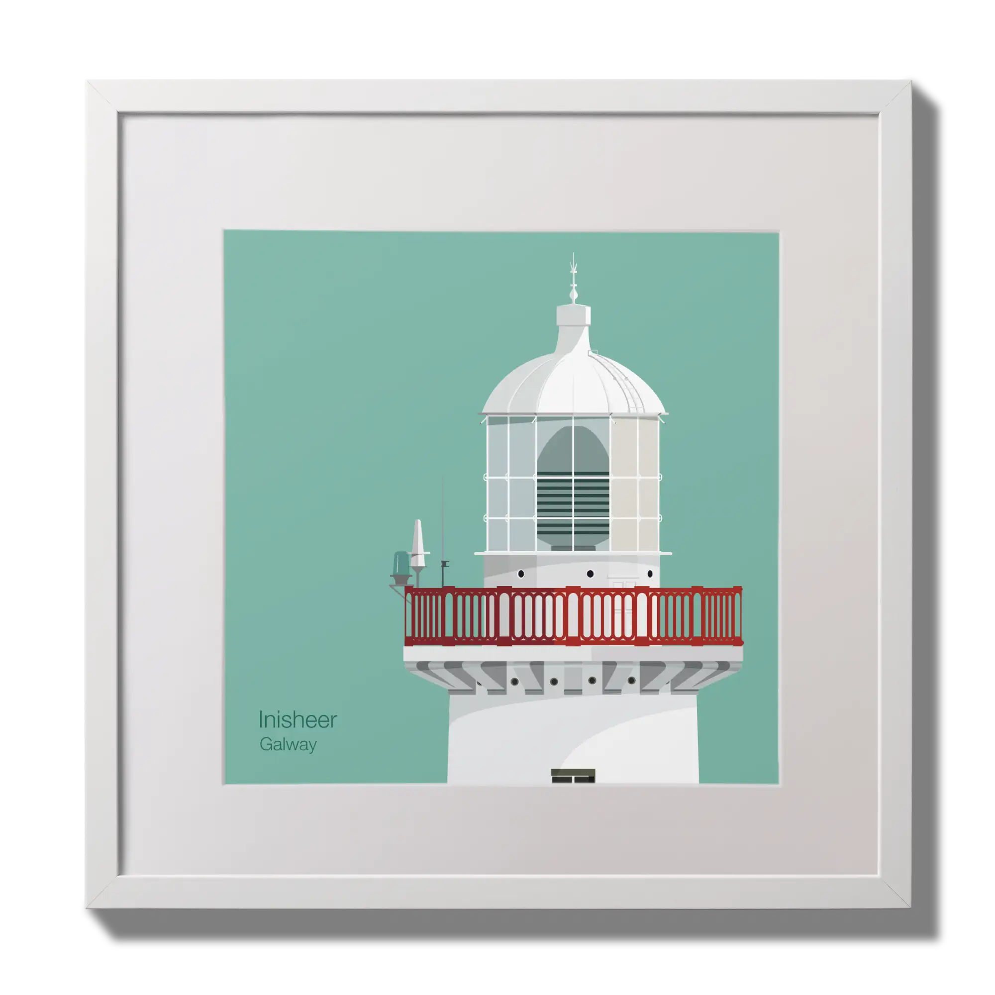 Illustration of Inisheer lighthouse on an ocean green background,  in a white square frame measuring 30x30cm.