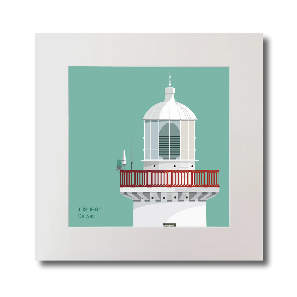 Illustration of Inisheer lighthouse on an ocean green background, mounted and measuring 30x30cm.