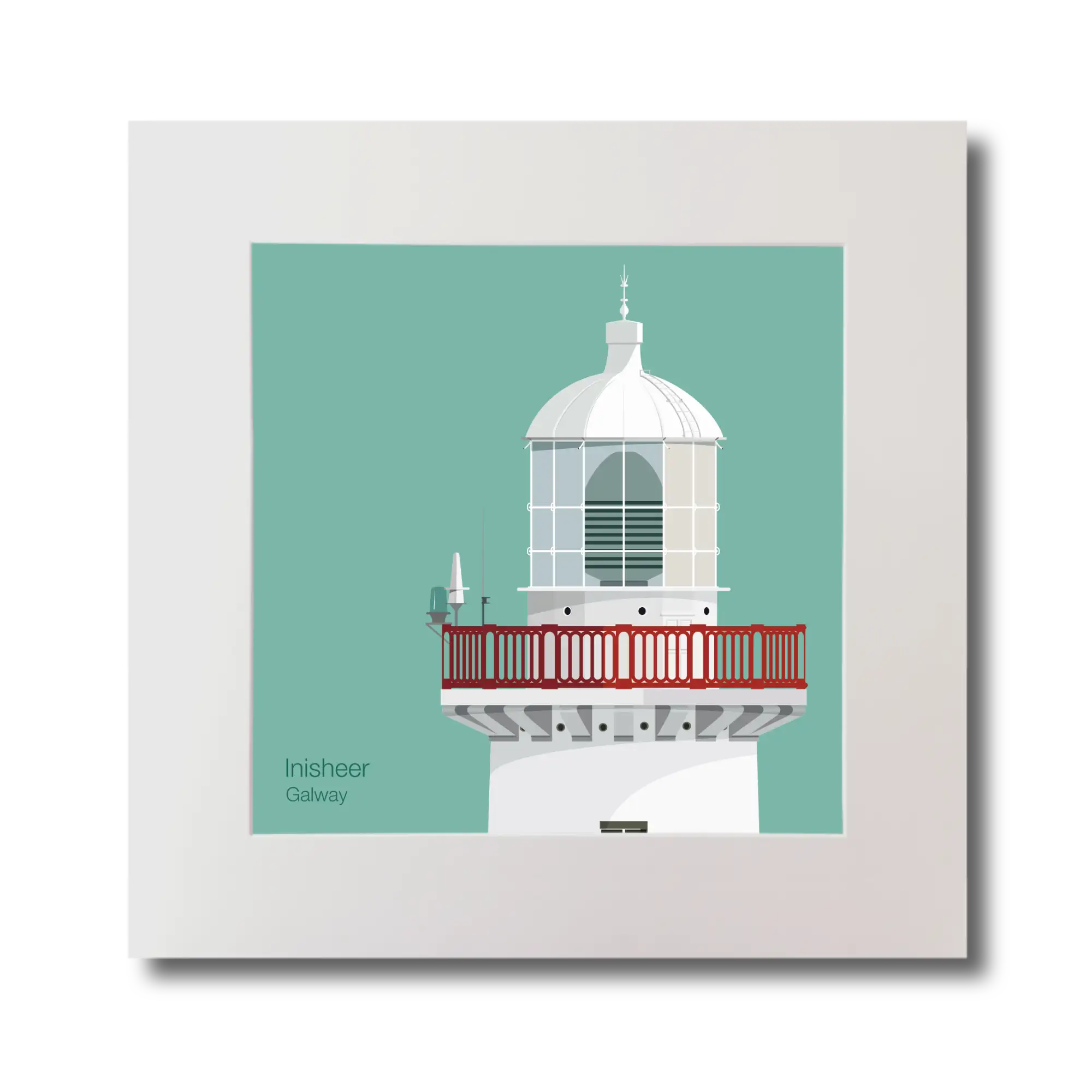 Illustration of Inisheer lighthouse on an ocean green background, mounted and measuring 30x30cm.