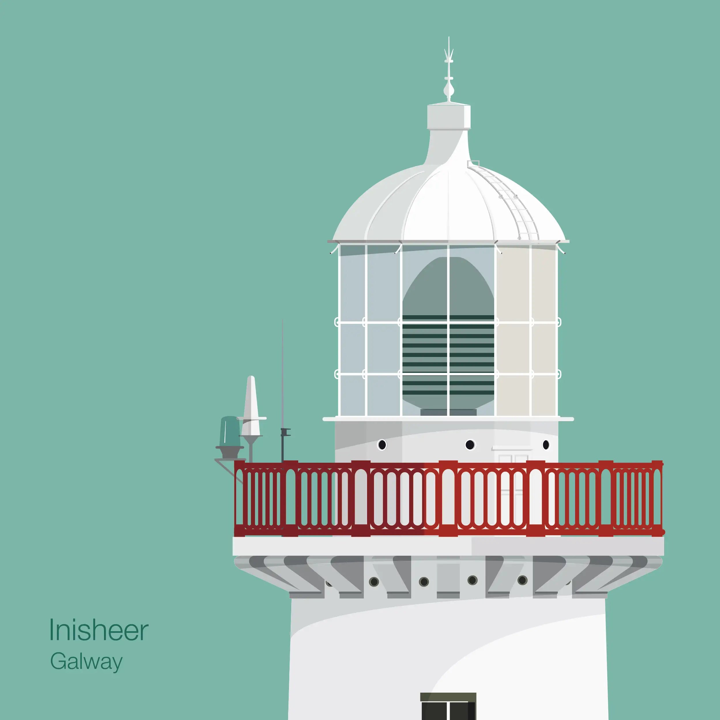 Illustration of Inisheer lighthouse on an ocean green background