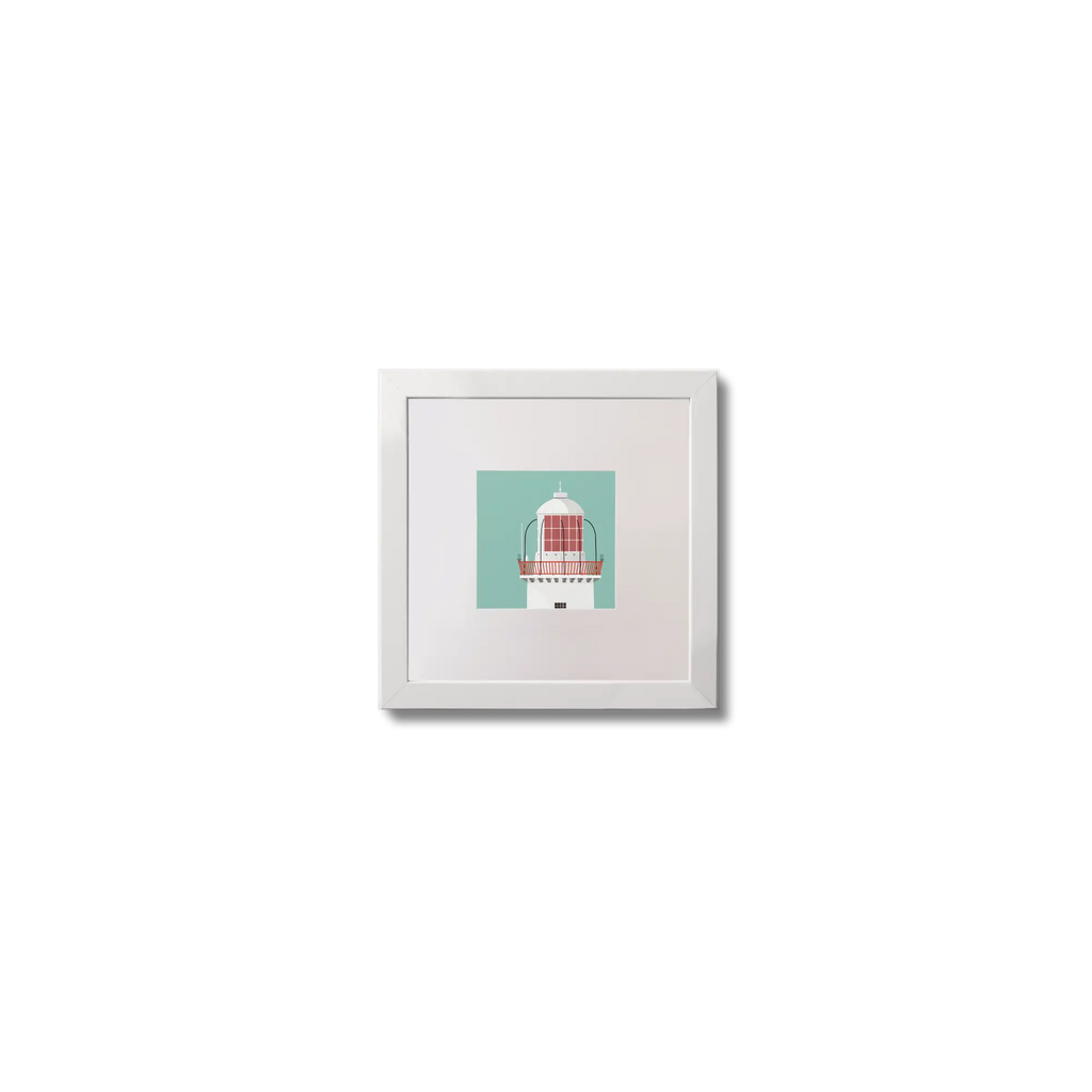 Illustration Rathlin O'Birne lighthouse on an ocean green background,  in a white square frame measuring 10x10cm.