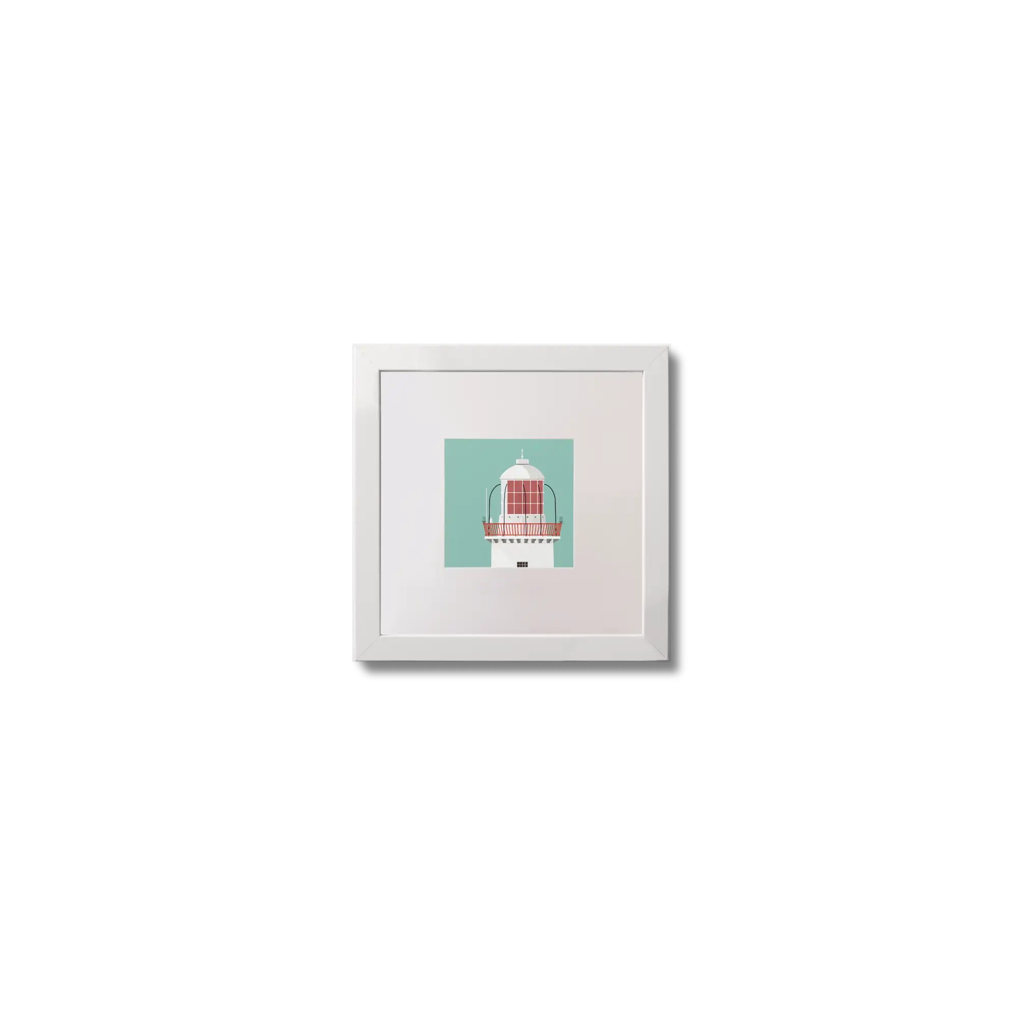 Illustration Rathlin O'Birne lighthouse on an ocean green background,  in a white square frame measuring 10x10cm.