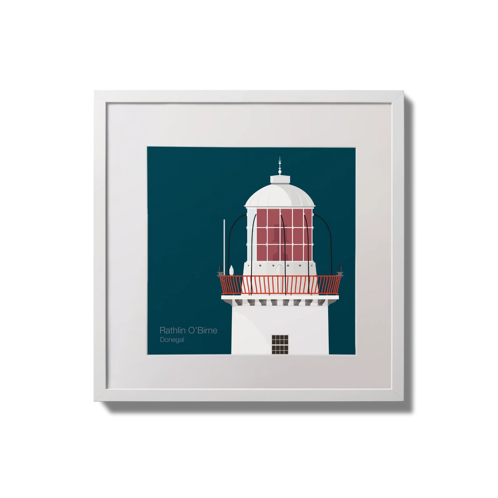 Framed wall art decoration Rathlin O'Birne lighthouse on a midnight blue background,  in a white square frame measuring 20x20cm.