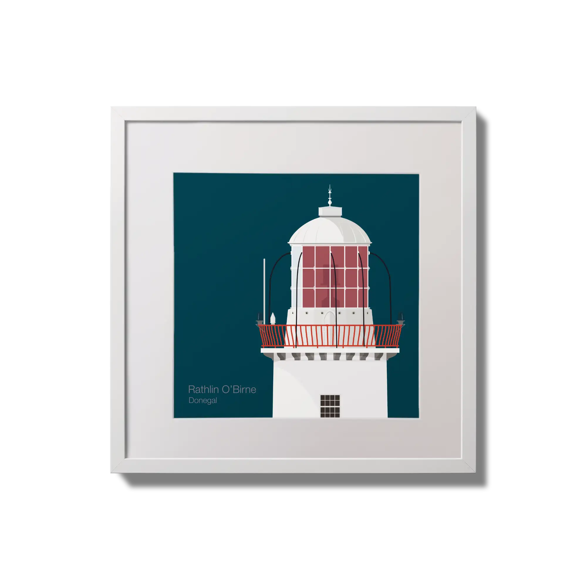 Framed wall art decoration Rathlin O'Birne lighthouse on a midnight blue background,  in a white square frame measuring 20x20cm.