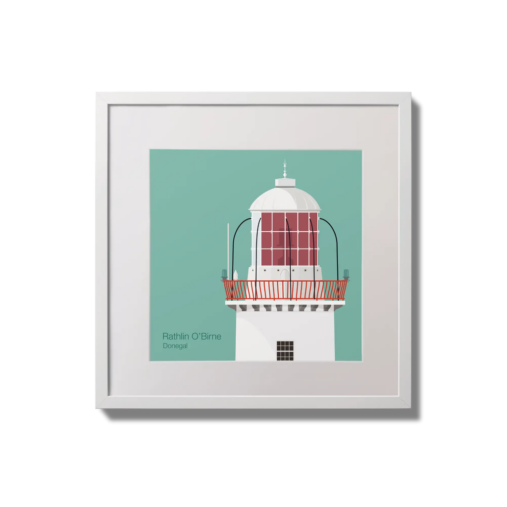 Contemporary wall hanging Rathlin O'Birne lighthouse on an ocean green background,  in a white square frame measuring 20x20cm.