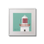 Contemporary wall hanging Rathlin O'Birne lighthouse on an ocean green background,  in a white square frame measuring 20x20cm.
