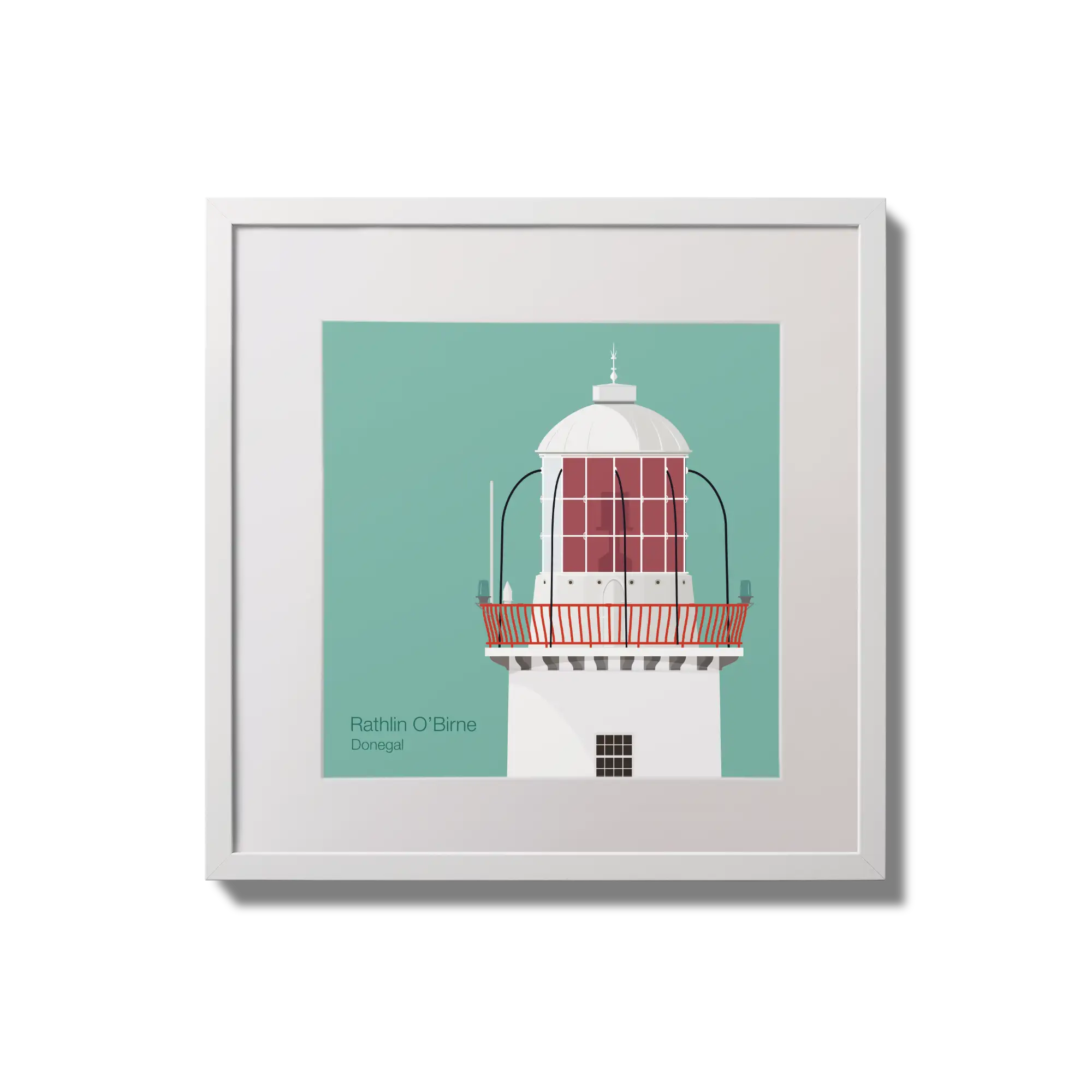 Contemporary wall hanging Rathlin O'Birne lighthouse on an ocean green background,  in a white square frame measuring 20x20cm.