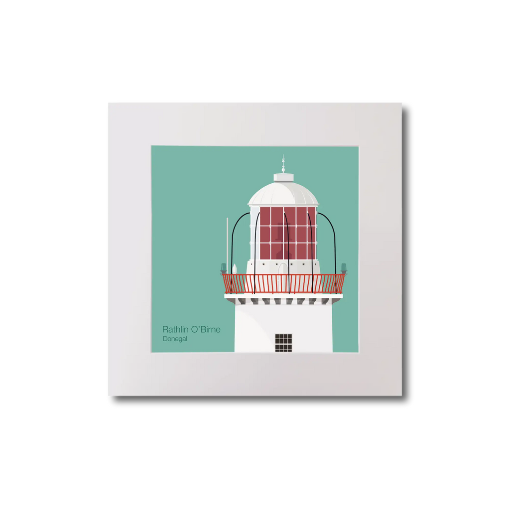 Illustration Rathlin O'Birne lighthouse on an ocean green background, mounted and measuring 20x20cm.