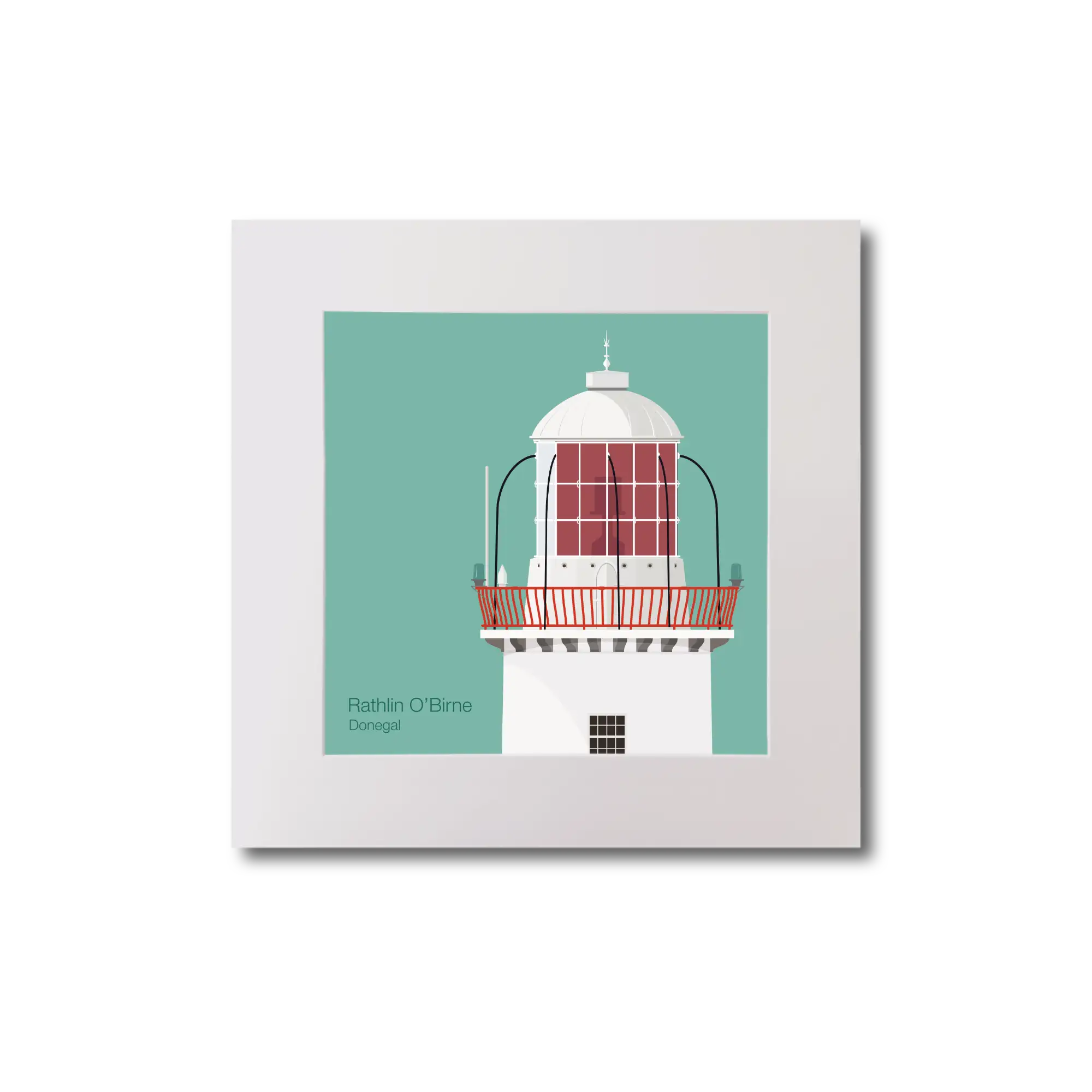 Illustration Rathlin O'Birne lighthouse on an ocean green background, mounted and measuring 20x20cm.