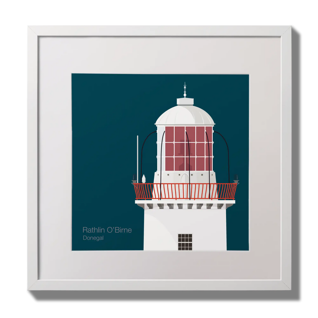 Illustration Rathlin O'Birne lighthouse on a midnight blue background,  in a white square frame measuring 30x30cm.