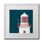Illustration Rathlin O'Birne lighthouse on a midnight blue background,  in a white square frame measuring 30x30cm.