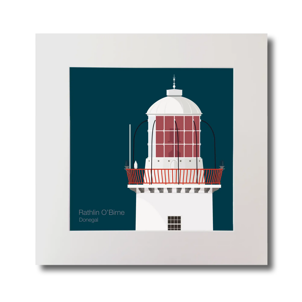 Illustration Rathlin O'Birne lighthouse on a midnight blue background, mounted and measuring 30x30cm.