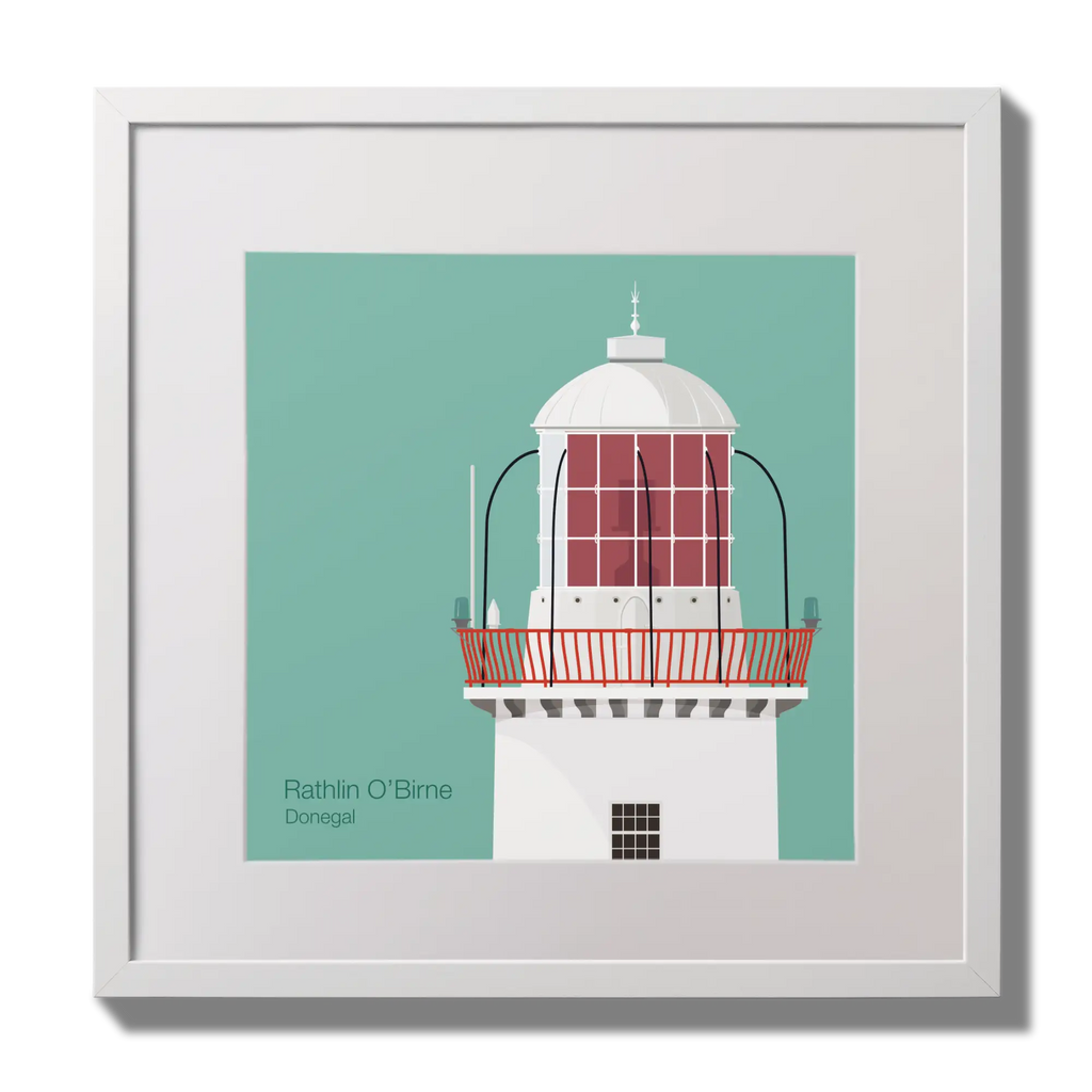 Illustration Rathlin O'Birne lighthouse on an ocean green background,  in a white square frame measuring 30x30cm.