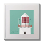 Illustration Rathlin O'Birne lighthouse on an ocean green background,  in a white square frame measuring 30x30cm.