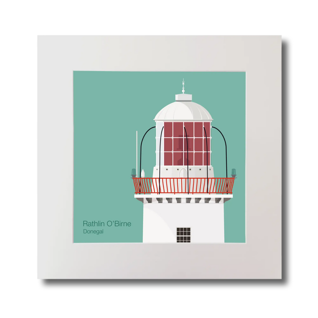 Illustration Rathlin O'Birne lighthouse on an ocean green background, mounted and measuring 30x30cm.
