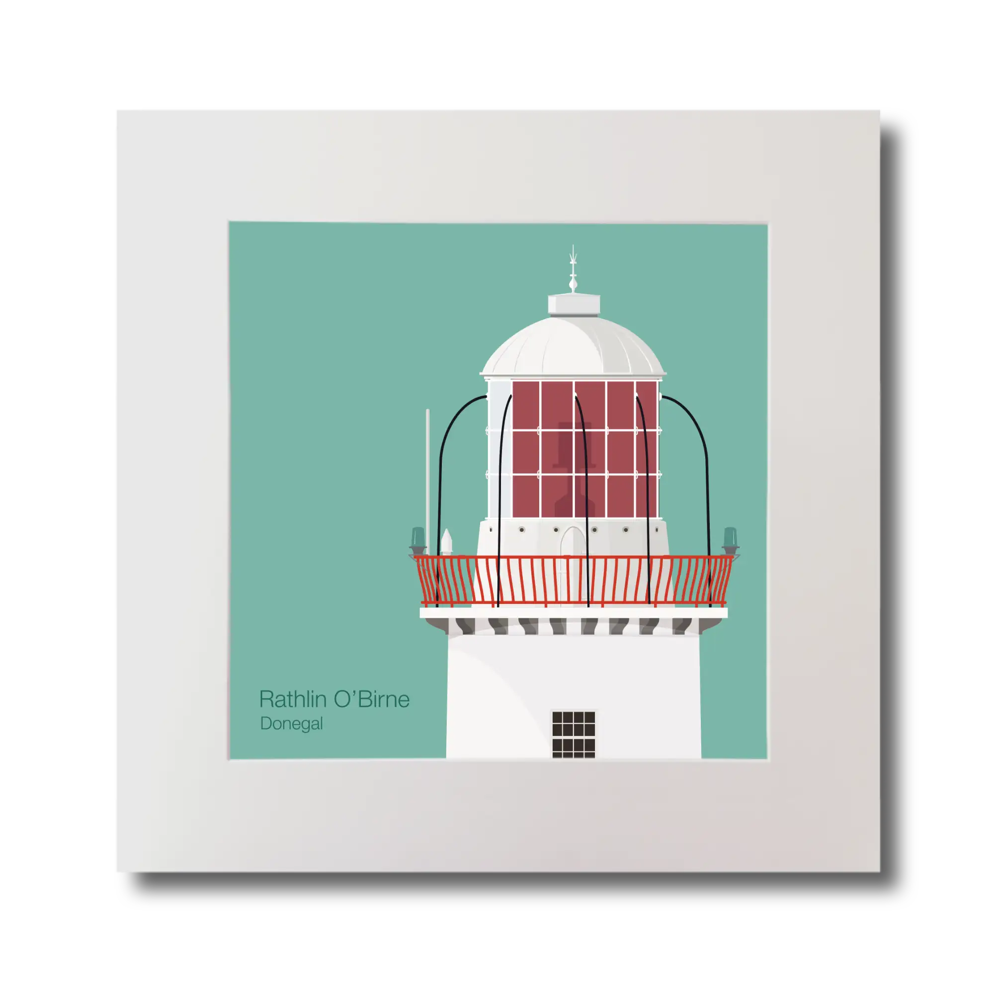 Illustration Rathlin O'Birne lighthouse on an ocean green background, mounted and measuring 30x30cm.