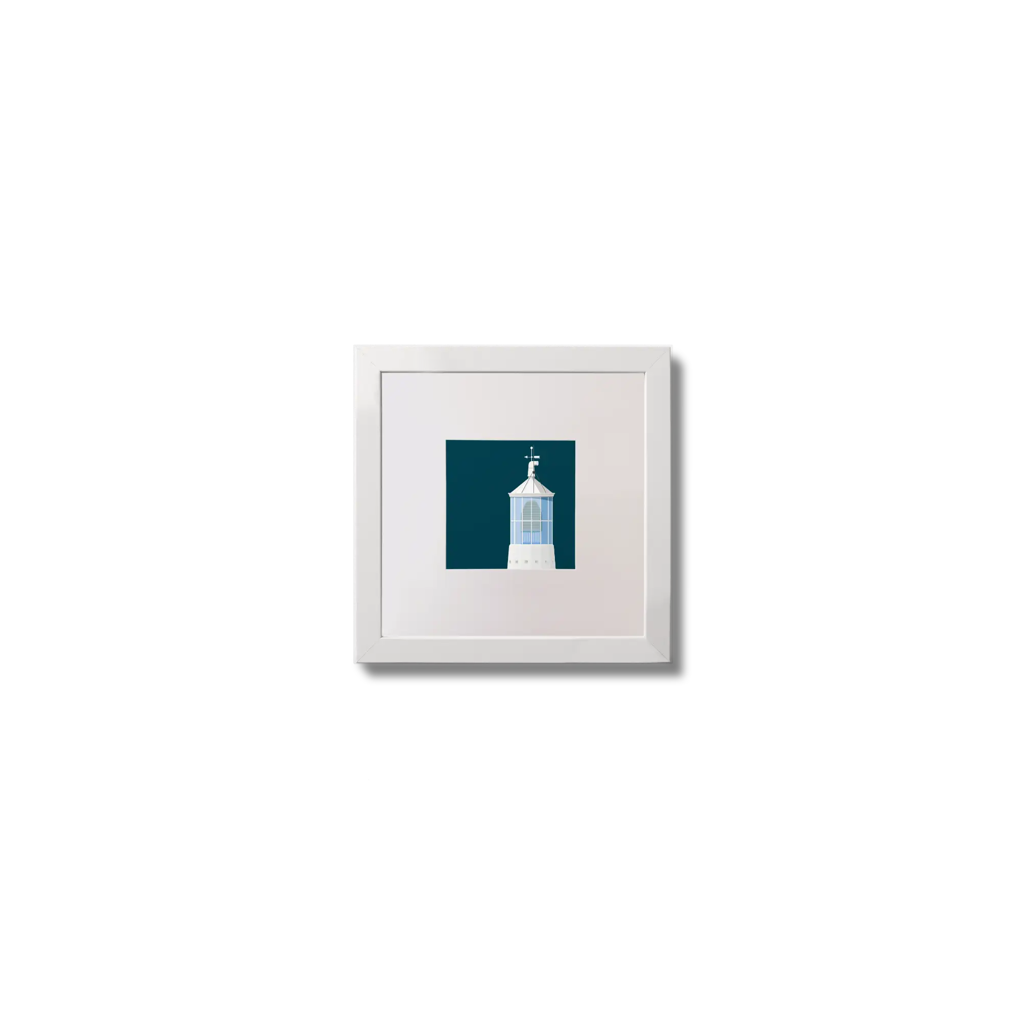 Contemporary wall art Dunree lighthouse on a midnight blue background,  in a white square frame measuring 10x10cm.