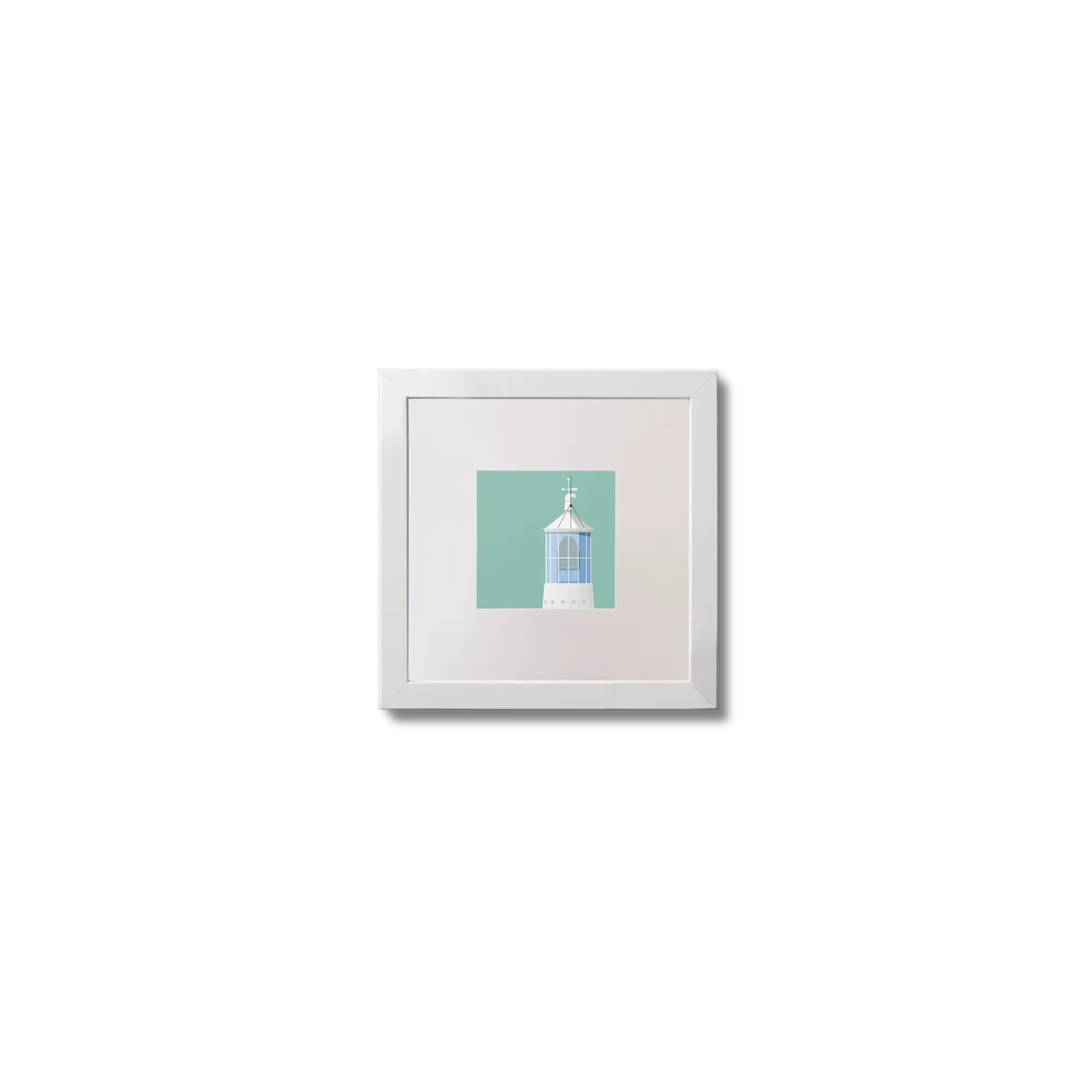 Illustration Dunree lighthouse on an ocean green background,  in a white square frame measuring 10x10cm.