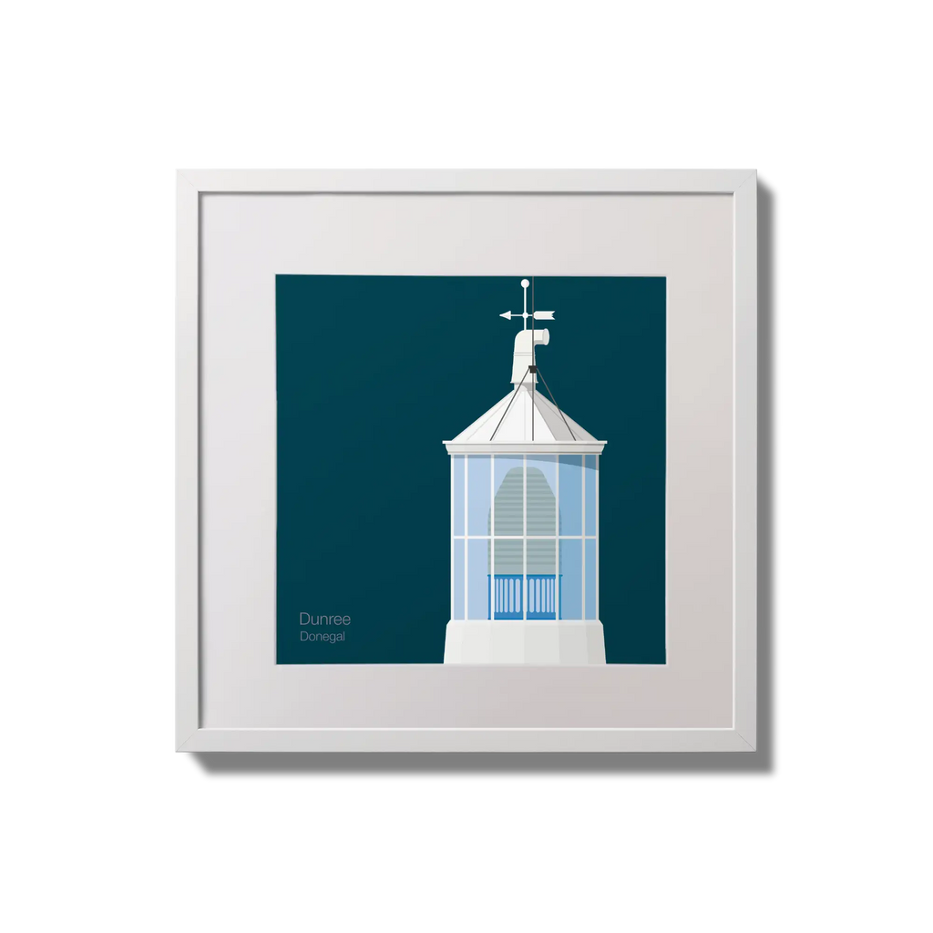 Framed wall art decoration Dunree lighthouse on a midnight blue background,  in a white square frame measuring 20x20cm.