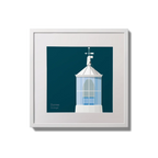 Framed wall art decoration Dunree lighthouse on a midnight blue background,  in a white square frame measuring 20x20cm.