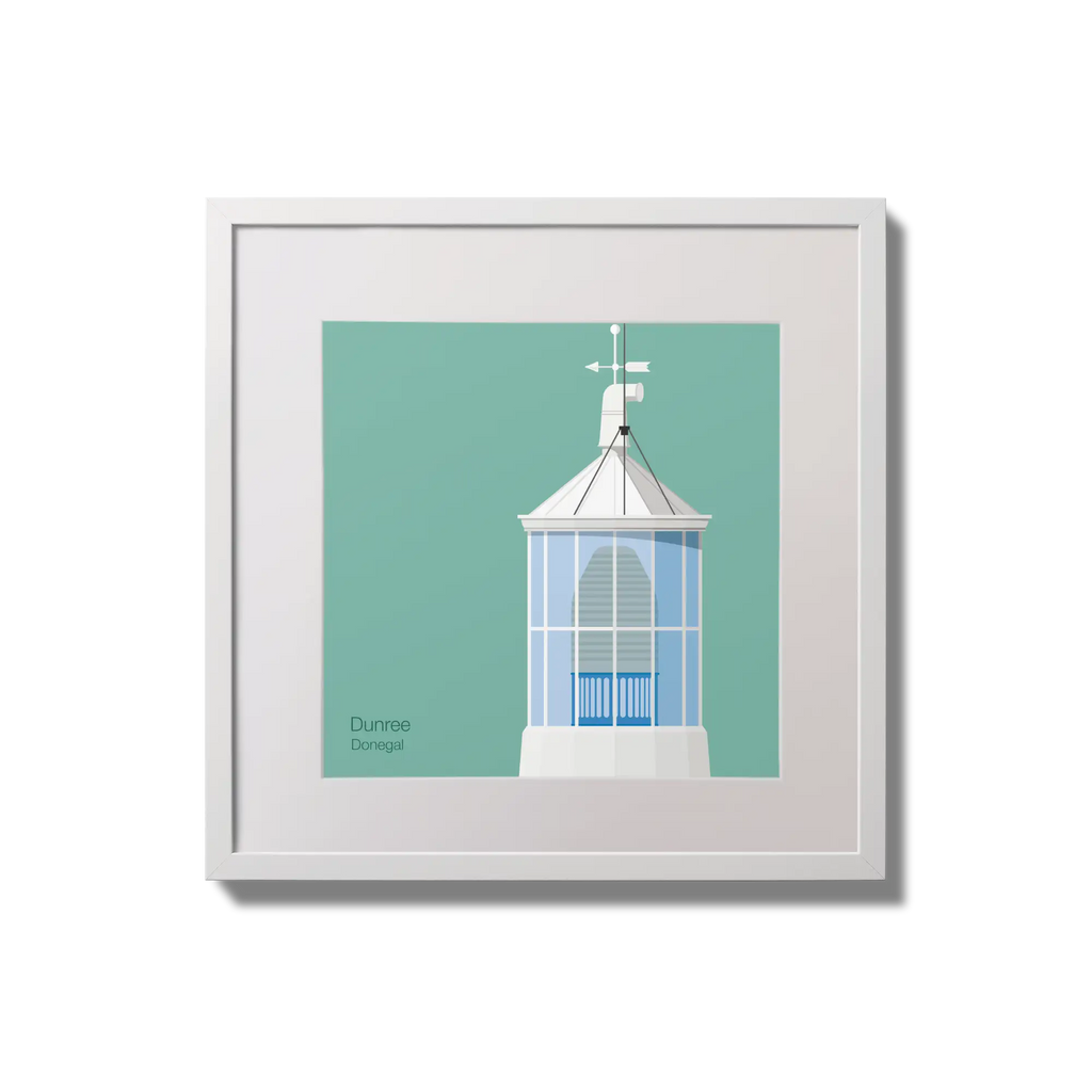 Contemporary wall hanging Dunree lighthouse on an ocean green background,  in a white square frame measuring 20x20cm.