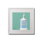 Contemporary wall hanging Dunree lighthouse on an ocean green background,  in a white square frame measuring 20x20cm.