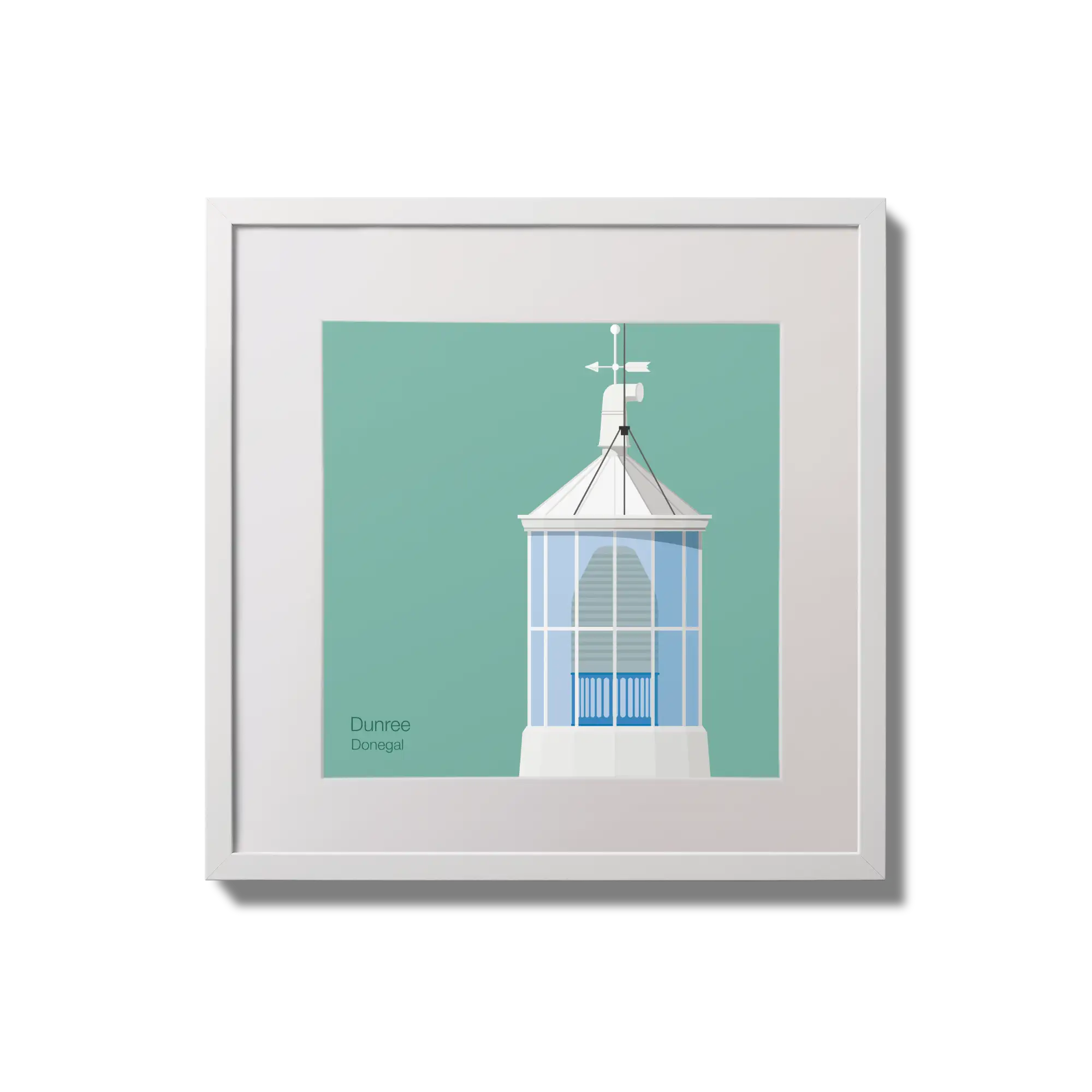 Contemporary wall hanging Dunree lighthouse on an ocean green background,  in a white square frame measuring 20x20cm.