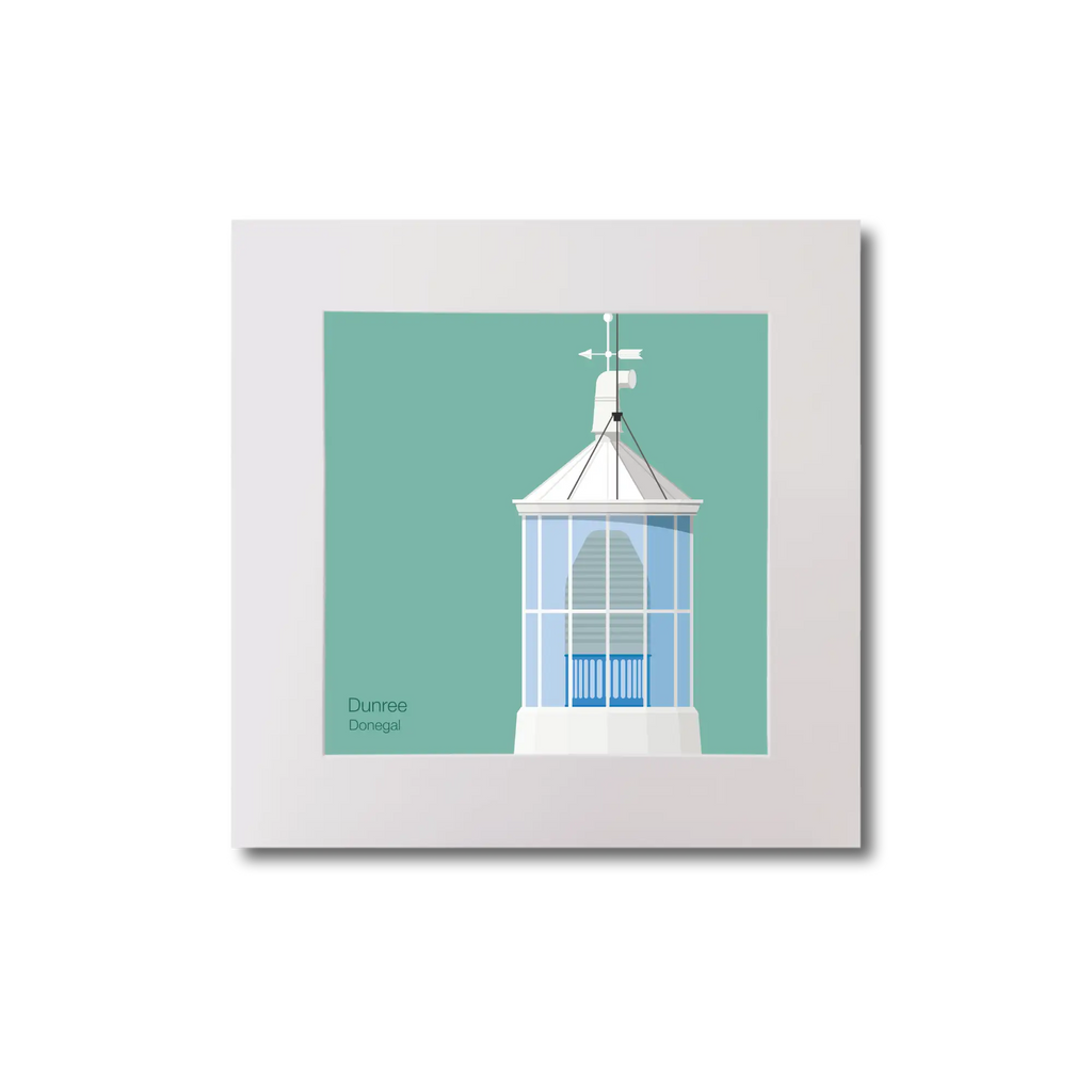 Illustration Dunree lighthouse on an ocean green background, mounted and measuring 20x20cm.