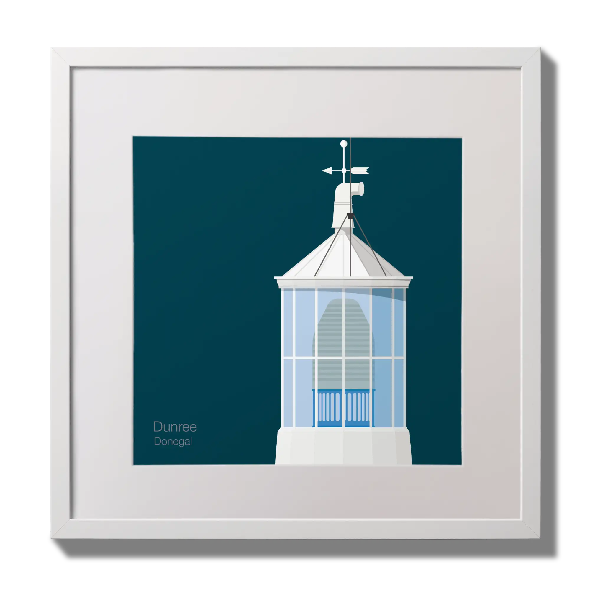 Illustration Dunree lighthouse on a midnight blue background,  in a white square frame measuring 30x30cm.