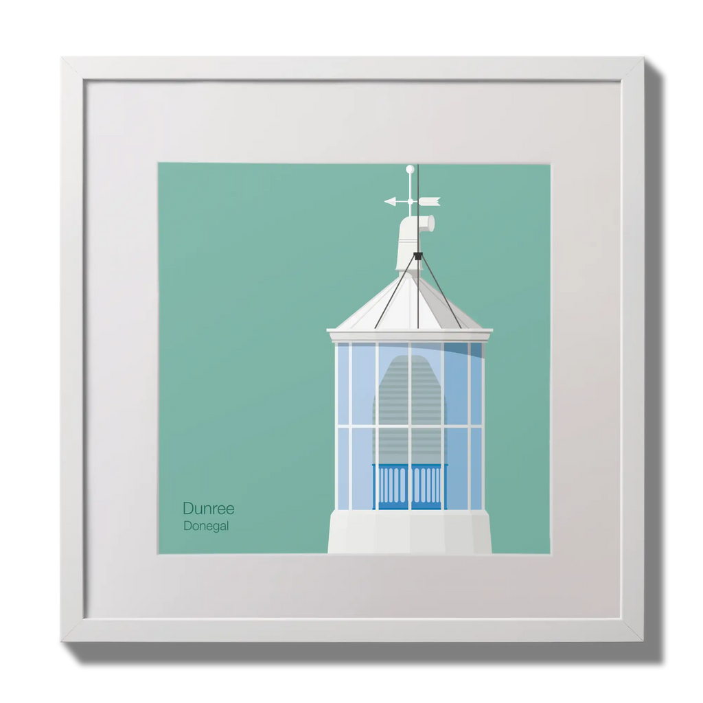Illustration Dunree lighthouse on an ocean green background,  in a white square frame measuring 30x30cm.