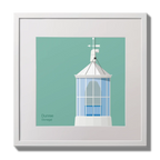 Illustration Dunree lighthouse on an ocean green background,  in a white square frame measuring 30x30cm.