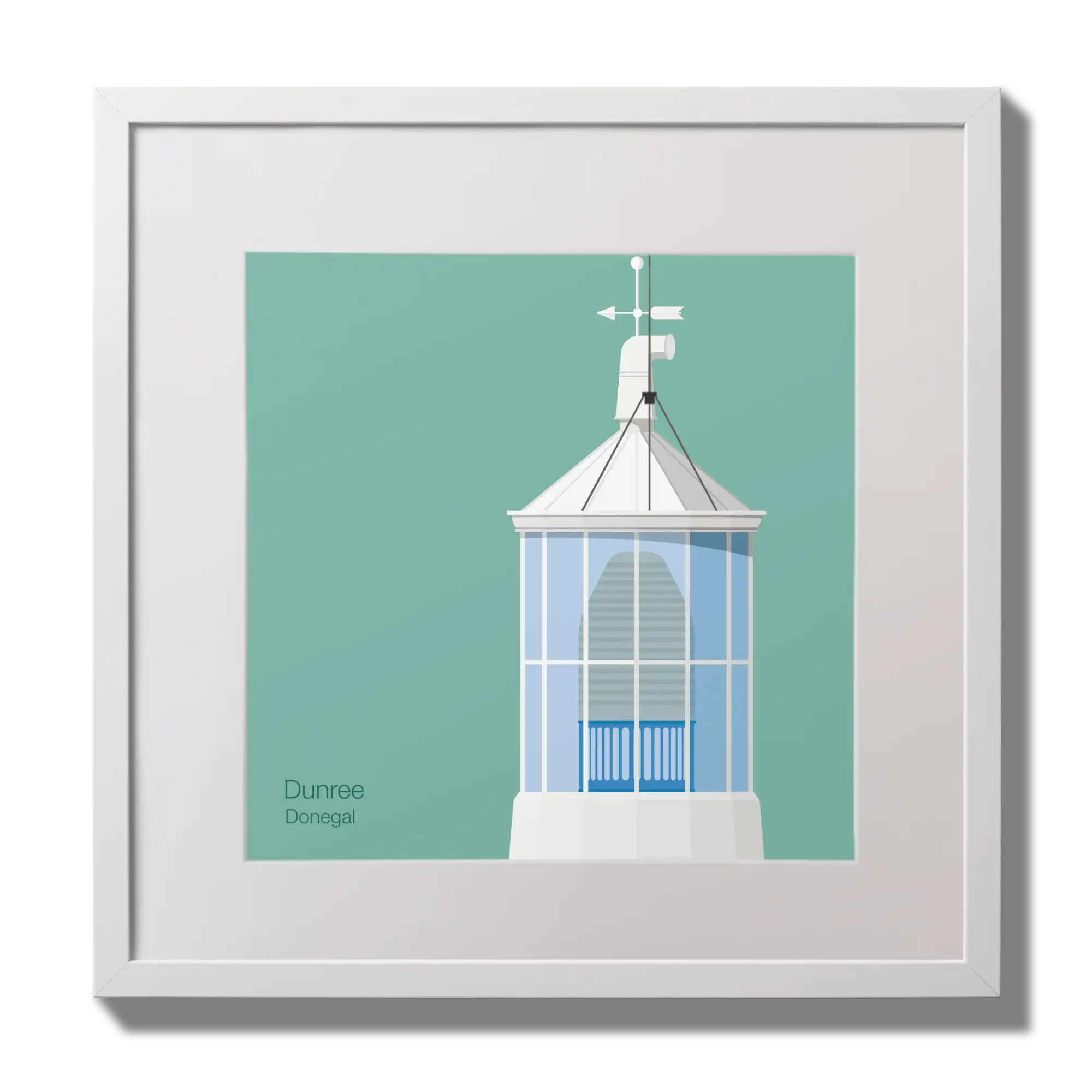 Illustration Dunree lighthouse on an ocean green background,  in a white square frame measuring 30x30cm.