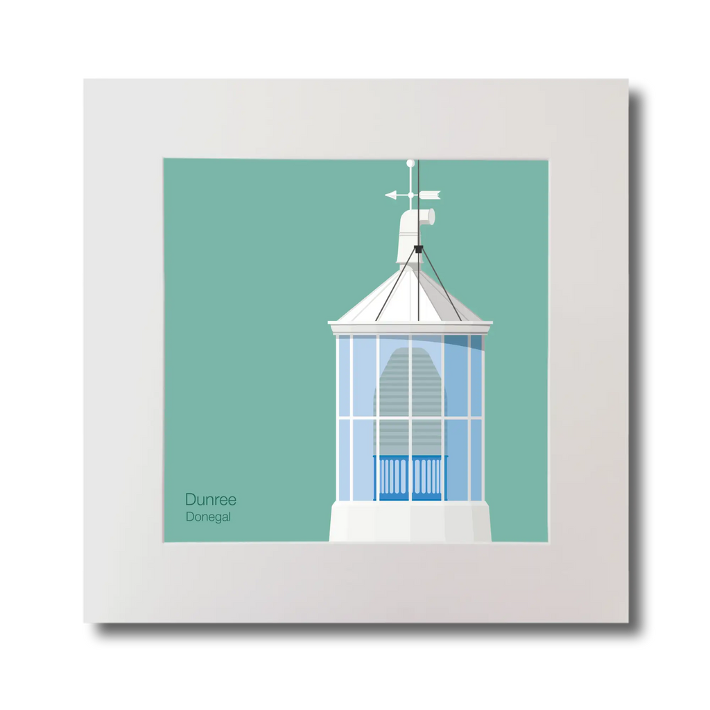 Illustration Dunree lighthouse on an ocean green background, mounted and measuring 30x30cm.