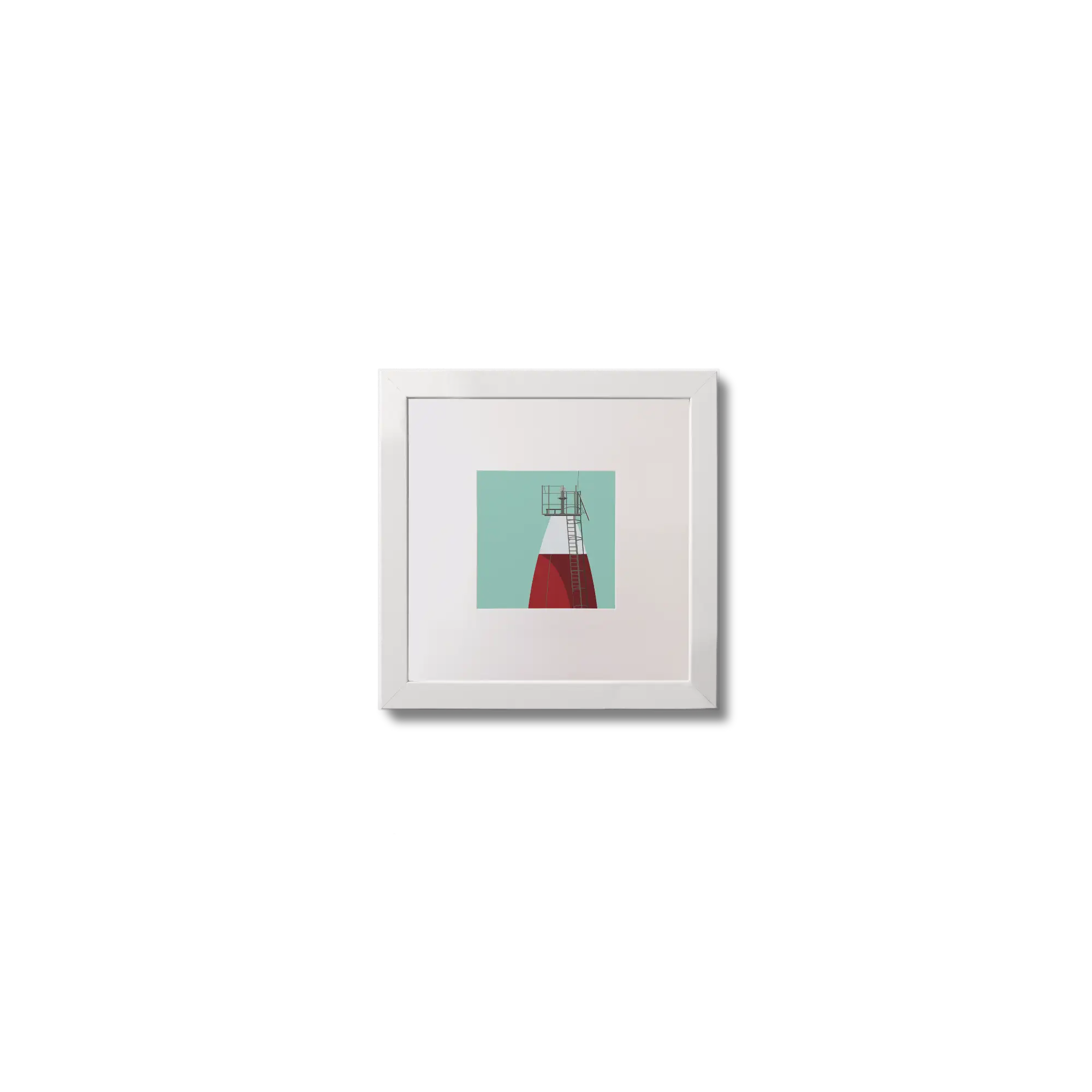 Illustration Muglins lighthouse on an ocean green background,  in a white square frame measuring 10x10cm.