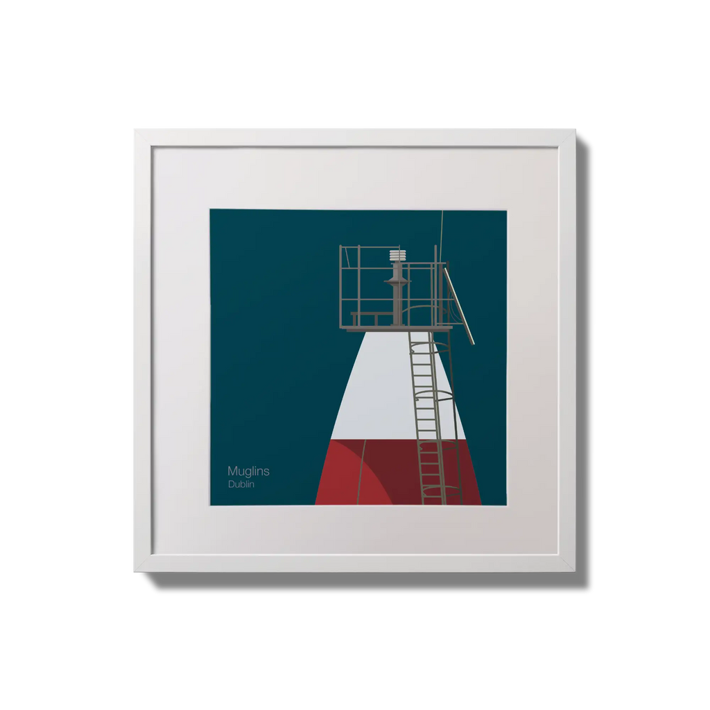 Framed wall art decoration Muglins lighthouse on a midnight blue background,  in a white square frame measuring 20x20cm.