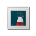 Framed wall art decoration Muglins lighthouse on a midnight blue background,  in a white square frame measuring 20x20cm.