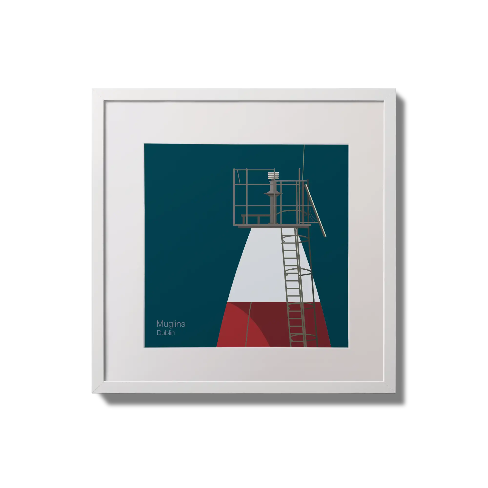 Framed wall art decoration Muglins lighthouse on a midnight blue background,  in a white square frame measuring 20x20cm.