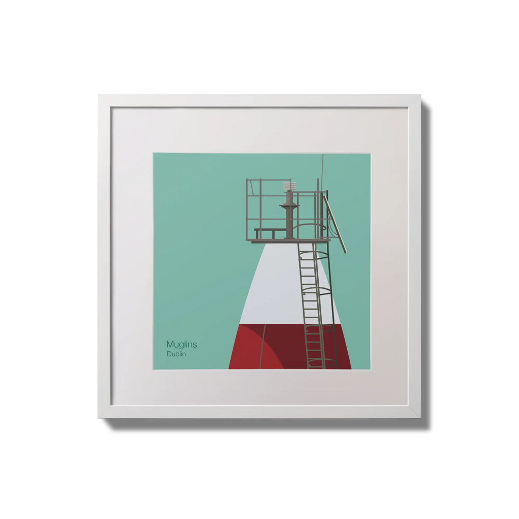 Contemporary wall hanging Muglins lighthouse on an ocean green background,  in a white square frame measuring 20x20cm.