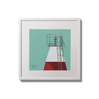 Contemporary wall hanging Muglins lighthouse on an ocean green background,  in a white square frame measuring 20x20cm.