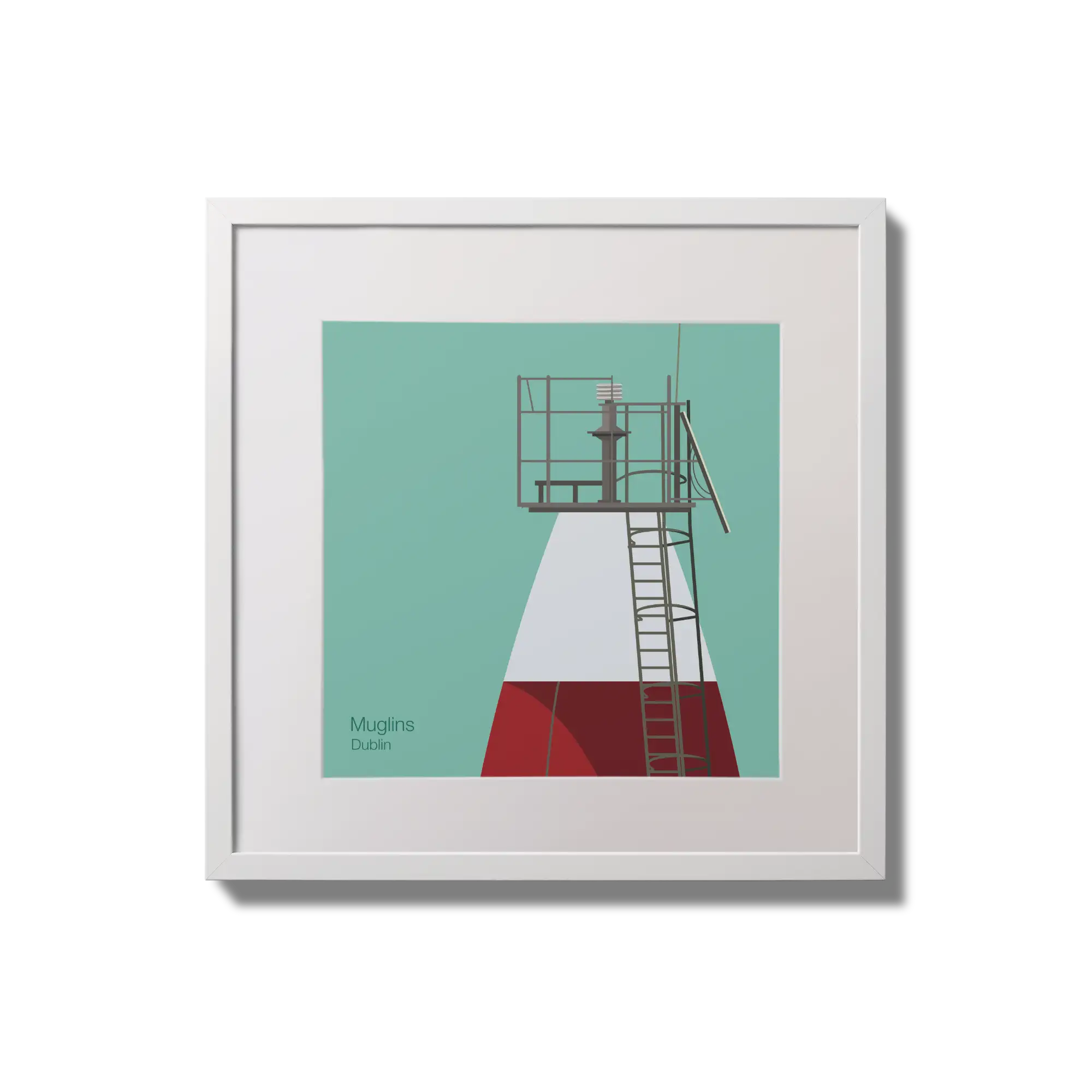 Contemporary wall hanging Muglins lighthouse on an ocean green background,  in a white square frame measuring 20x20cm.