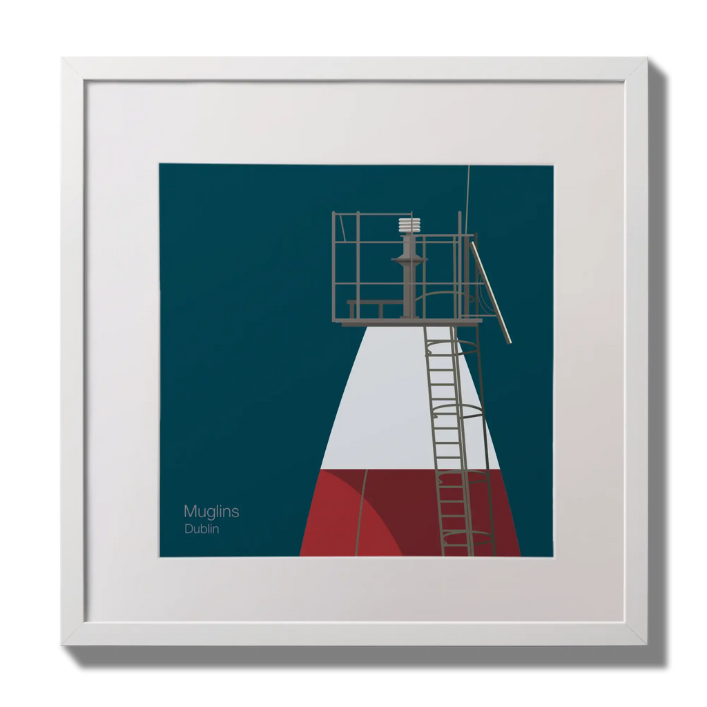 Illustration Muglins lighthouse on a midnight blue background,  in a white square frame measuring 30x30cm.