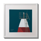 Illustration Muglins lighthouse on a midnight blue background,  in a white square frame measuring 30x30cm.