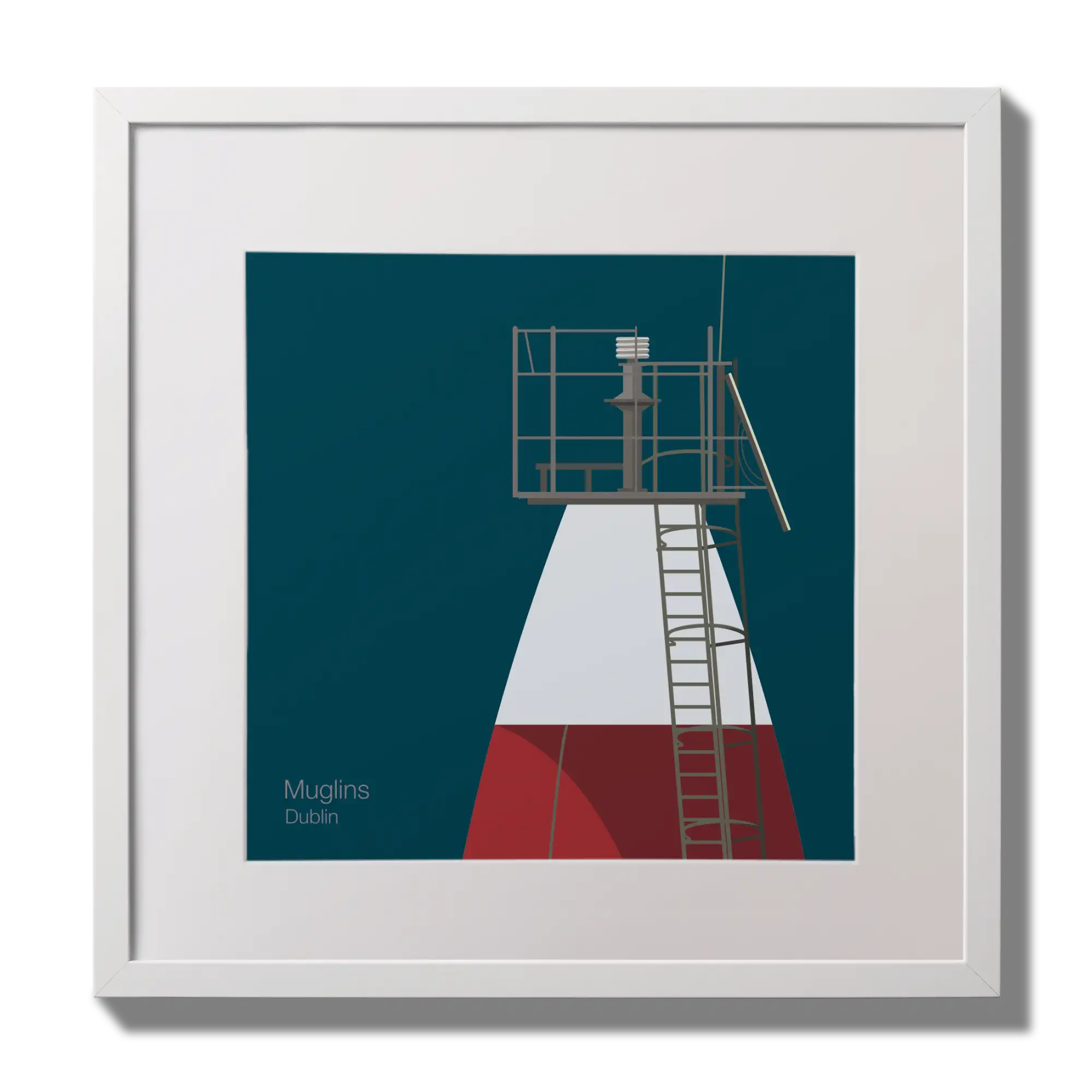 Illustration Muglins lighthouse on a midnight blue background,  in a white square frame measuring 30x30cm.