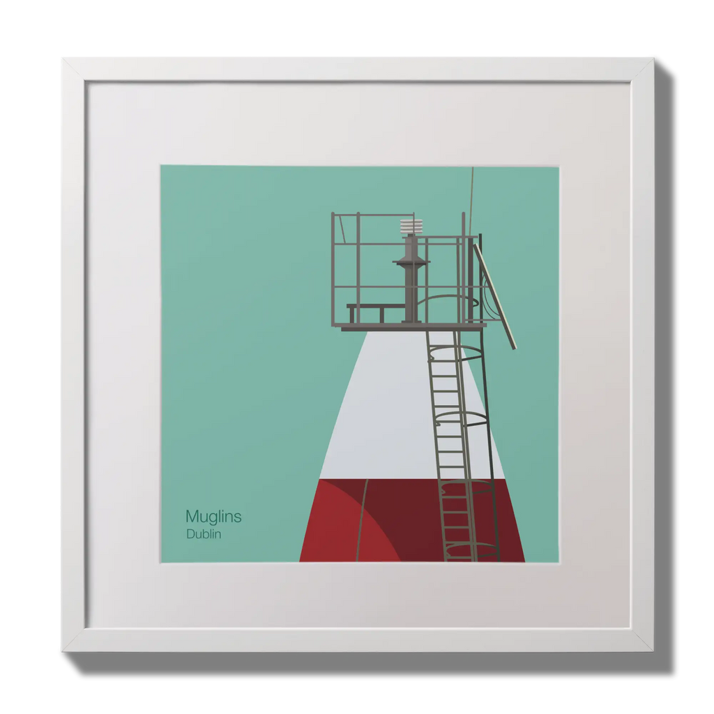 Illustration Muglins lighthouse on an ocean green background,  in a white square frame measuring 30x30cm.
