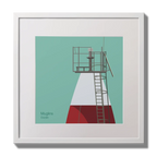 Illustration Muglins lighthouse on an ocean green background,  in a white square frame measuring 30x30cm.